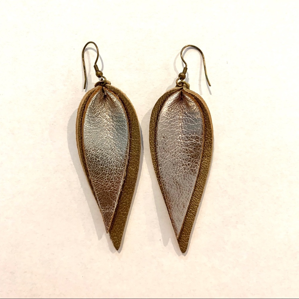 Magnolia gold metallic leather leaf earrings